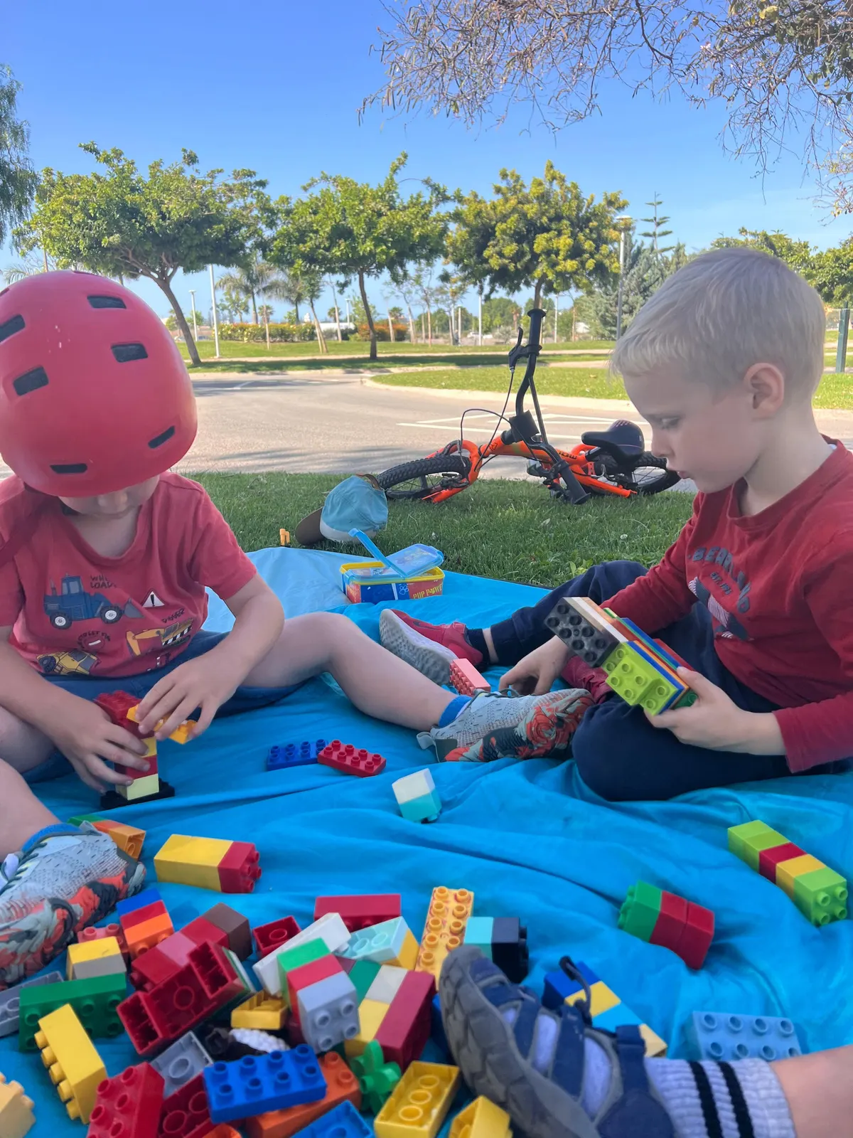 Boys building with Duplo bricks on a blanket during a park day
