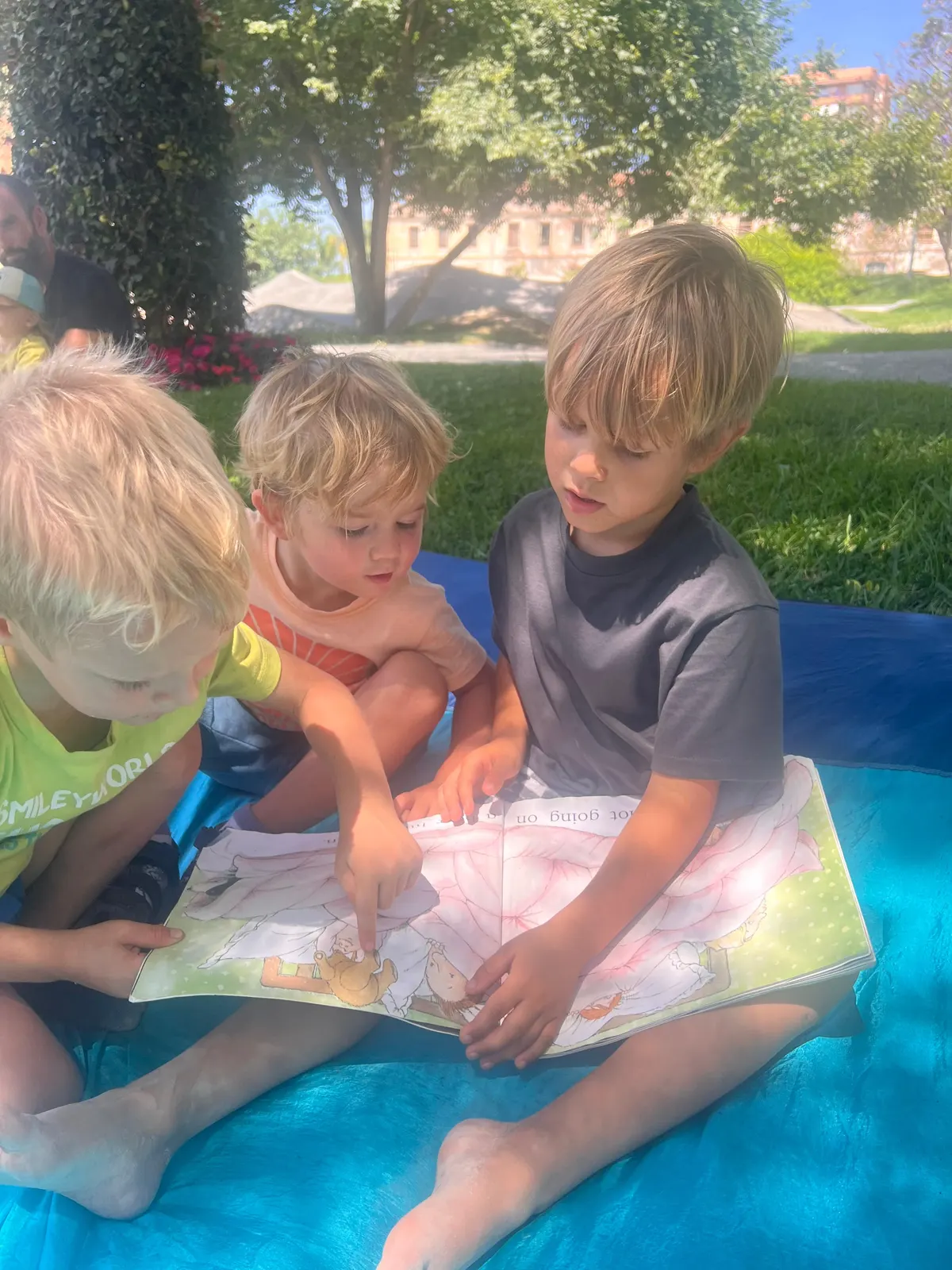 Niños leyendo un cuento juntos en una manta al aire libre