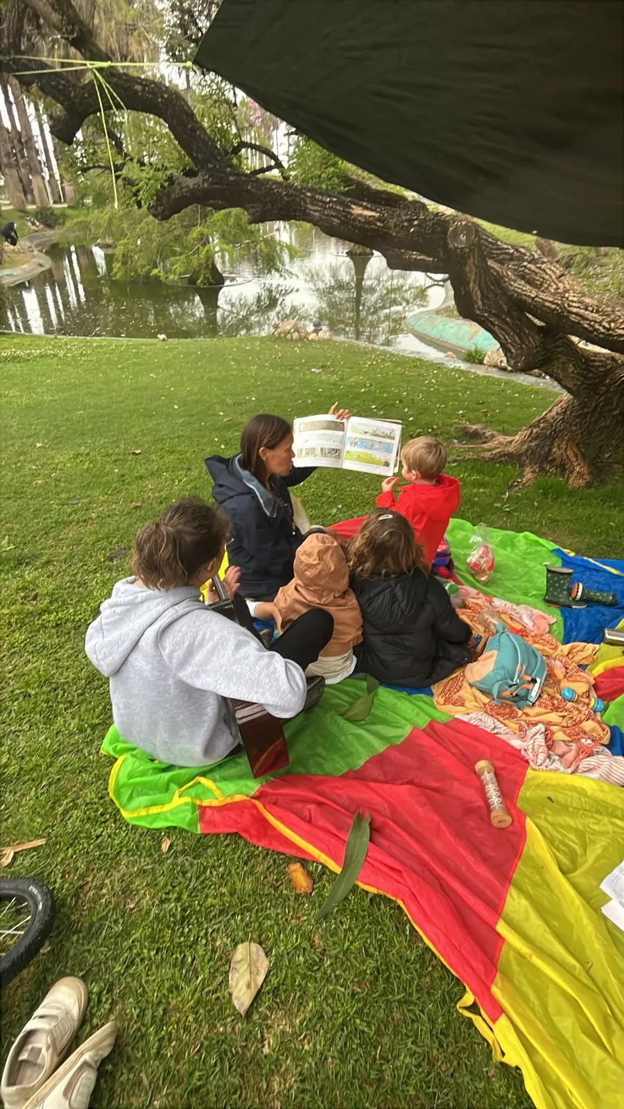 Teacher reading a picture book to children outdoors under a tree