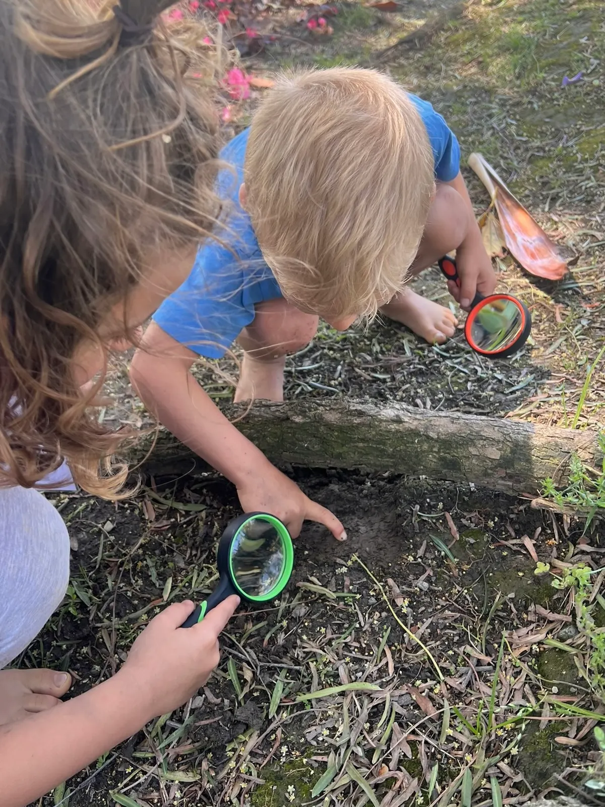 Dos niños agachados junto a un tronco en el jardín, examinando la tierra en busca de insectos con lupas